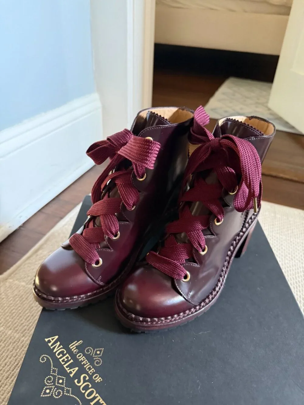 The Office of Angela Scott Mrs. Keira Leather Lace-Up Booties, Burgundy